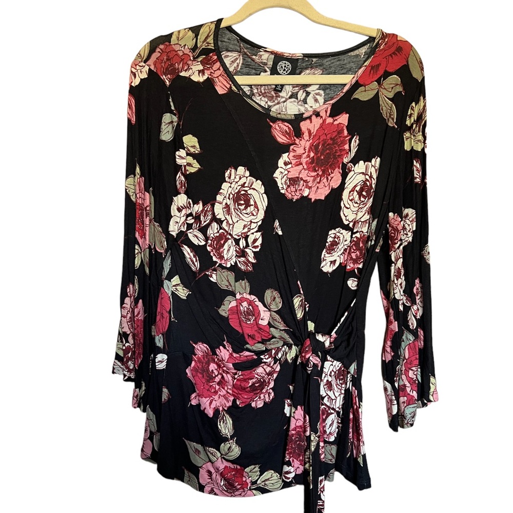 Bobeau Black Floral Side-Tie Knot Knit Top Long Sleeve Large NWT